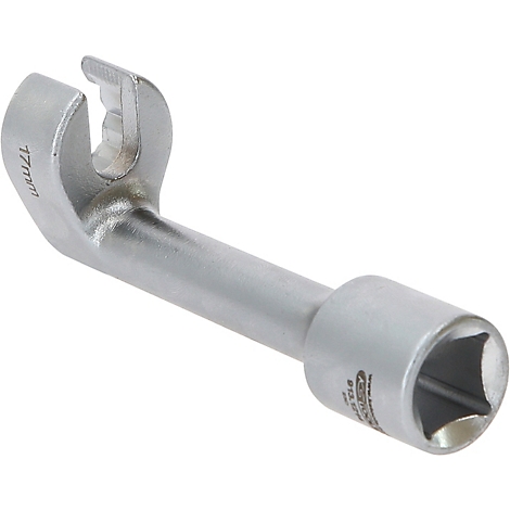 Eine silberne Gabelschlüssel-Ratsche mit 17mm Prägung. Am Ende ein quadratischer Antrieb.